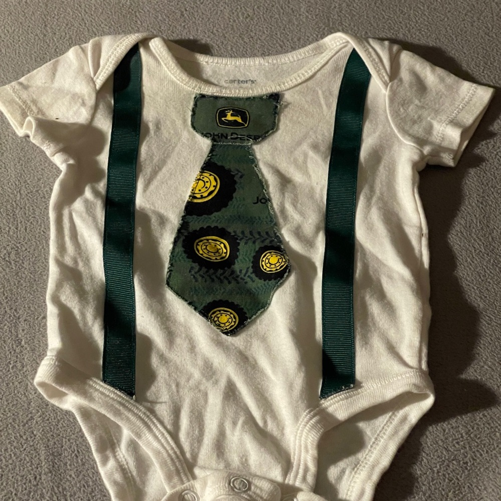 John Deere White Onesie with Green Tie and Suspenders